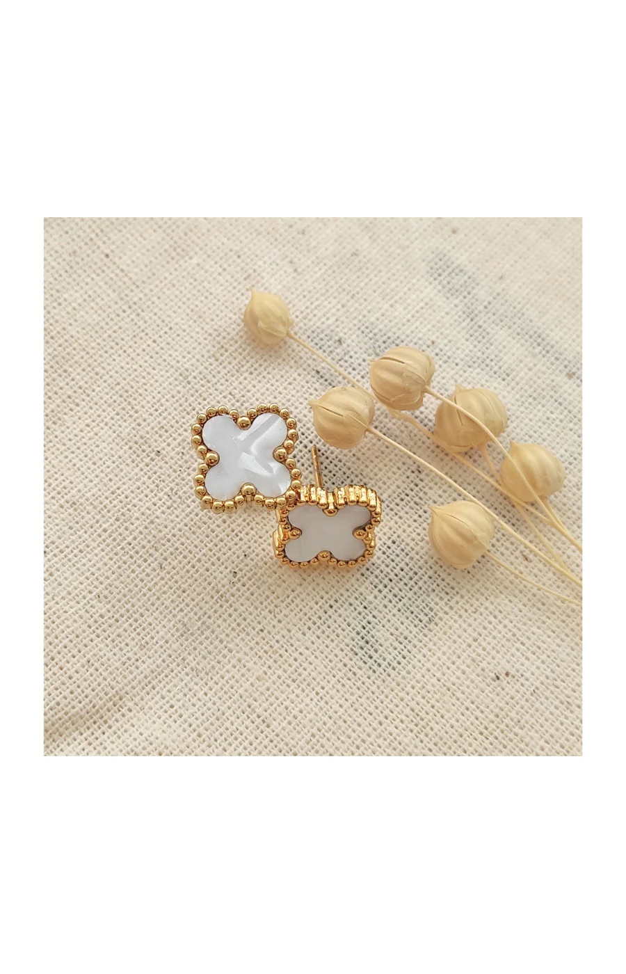 Boucles d'oreilles trèfle - Laiton plaqué or & nacre - Image 2