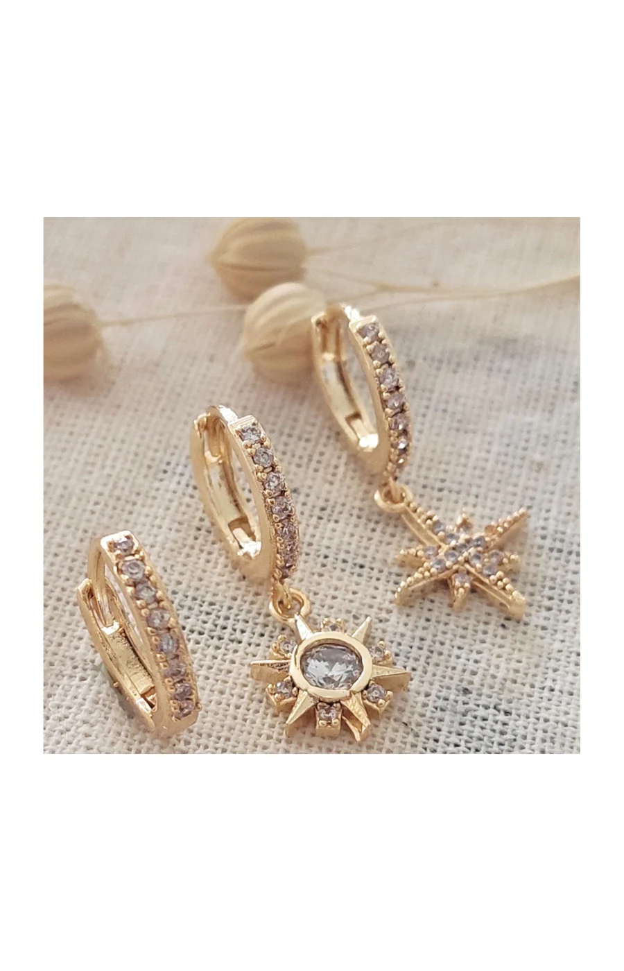 Trio de boucles d'oreilles - Laiton plaqué or & zircons
