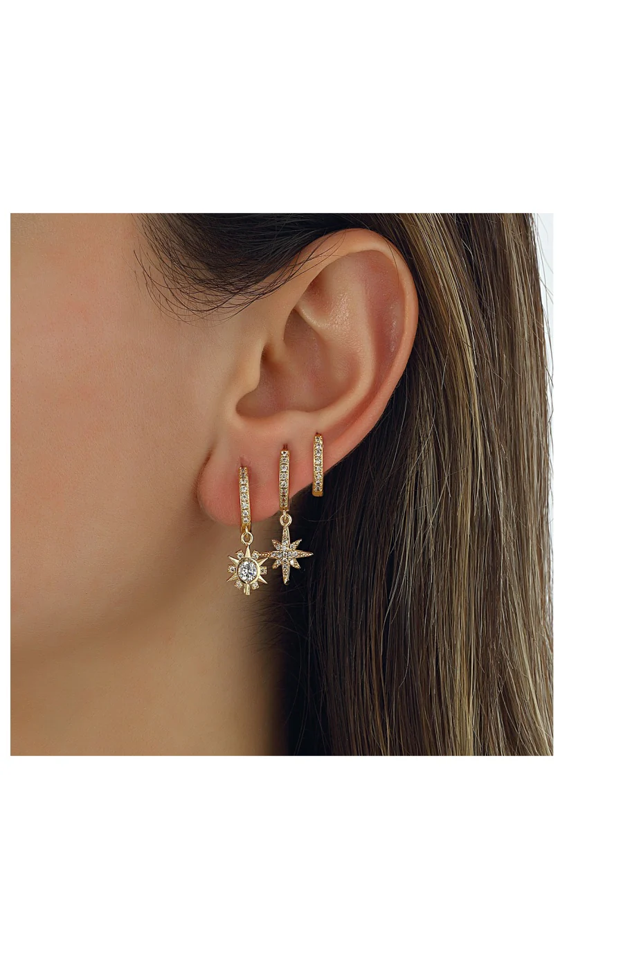 Trio de boucles d'oreilles - Laiton plaqué or & zircons - Image 2