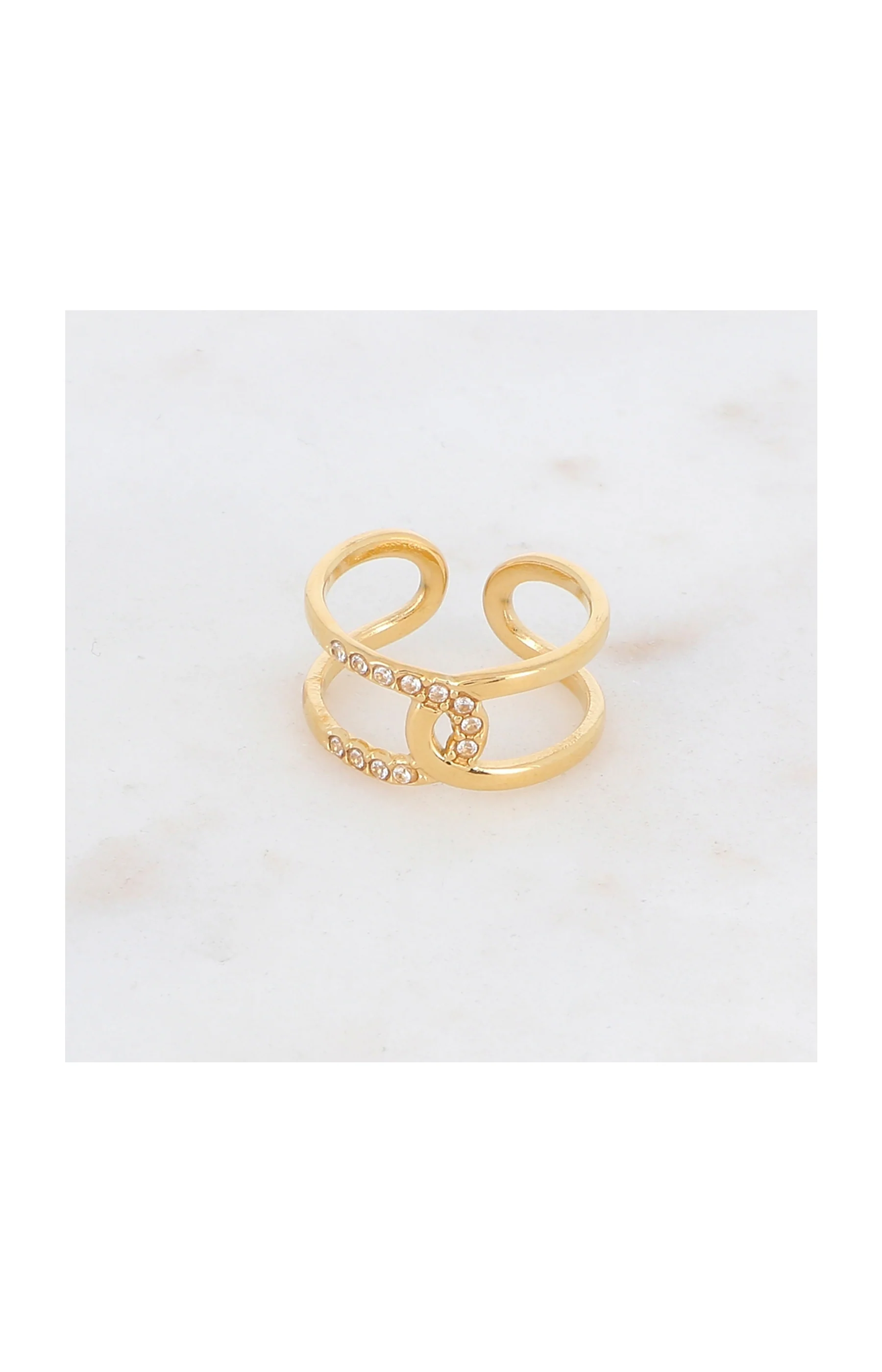 Bague double rangs - Acier inoxydable & strass - Doré & blanc