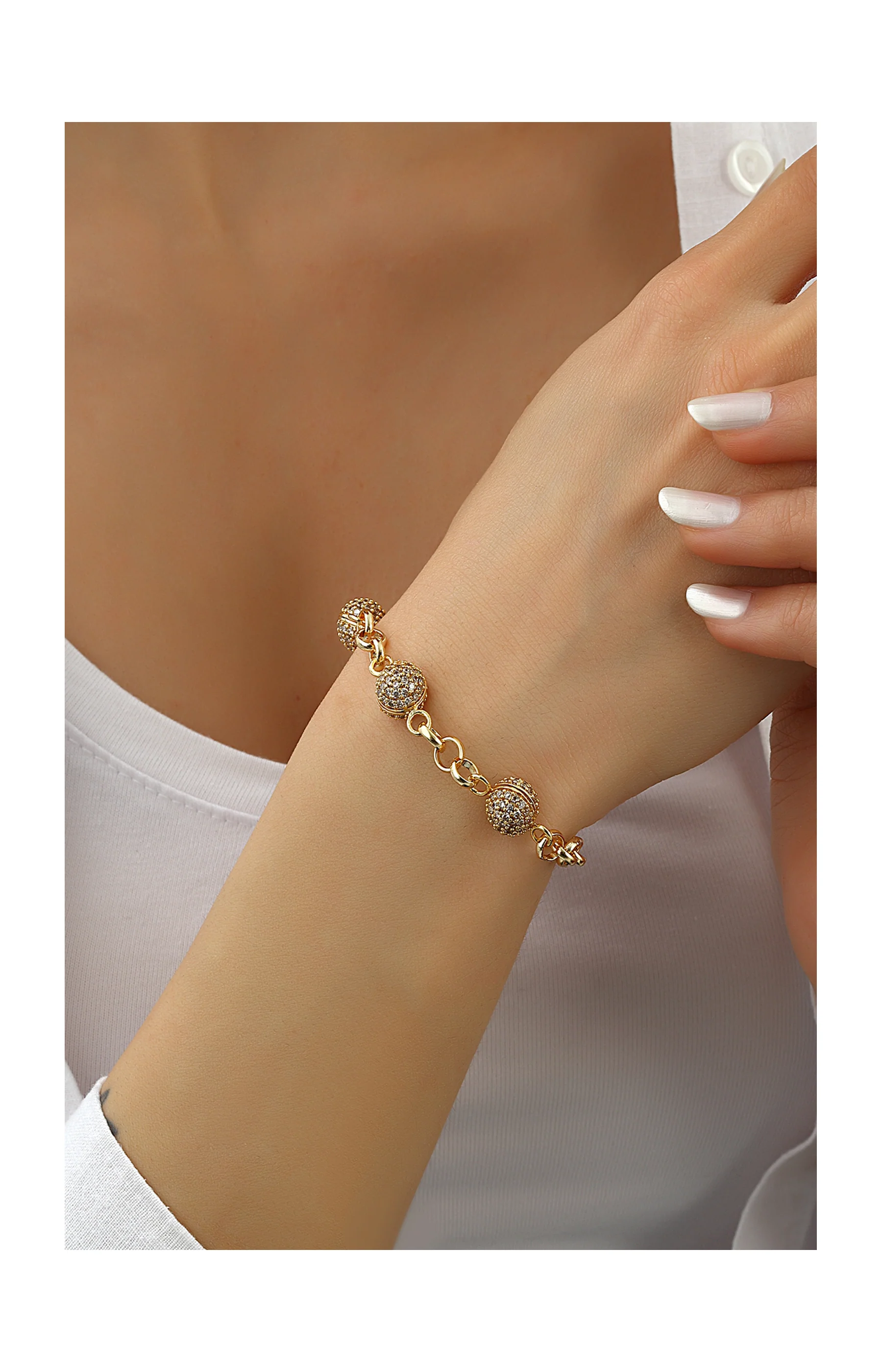 Bracelet chaîne - Laiton plaqué or & boules zircon - Image 2