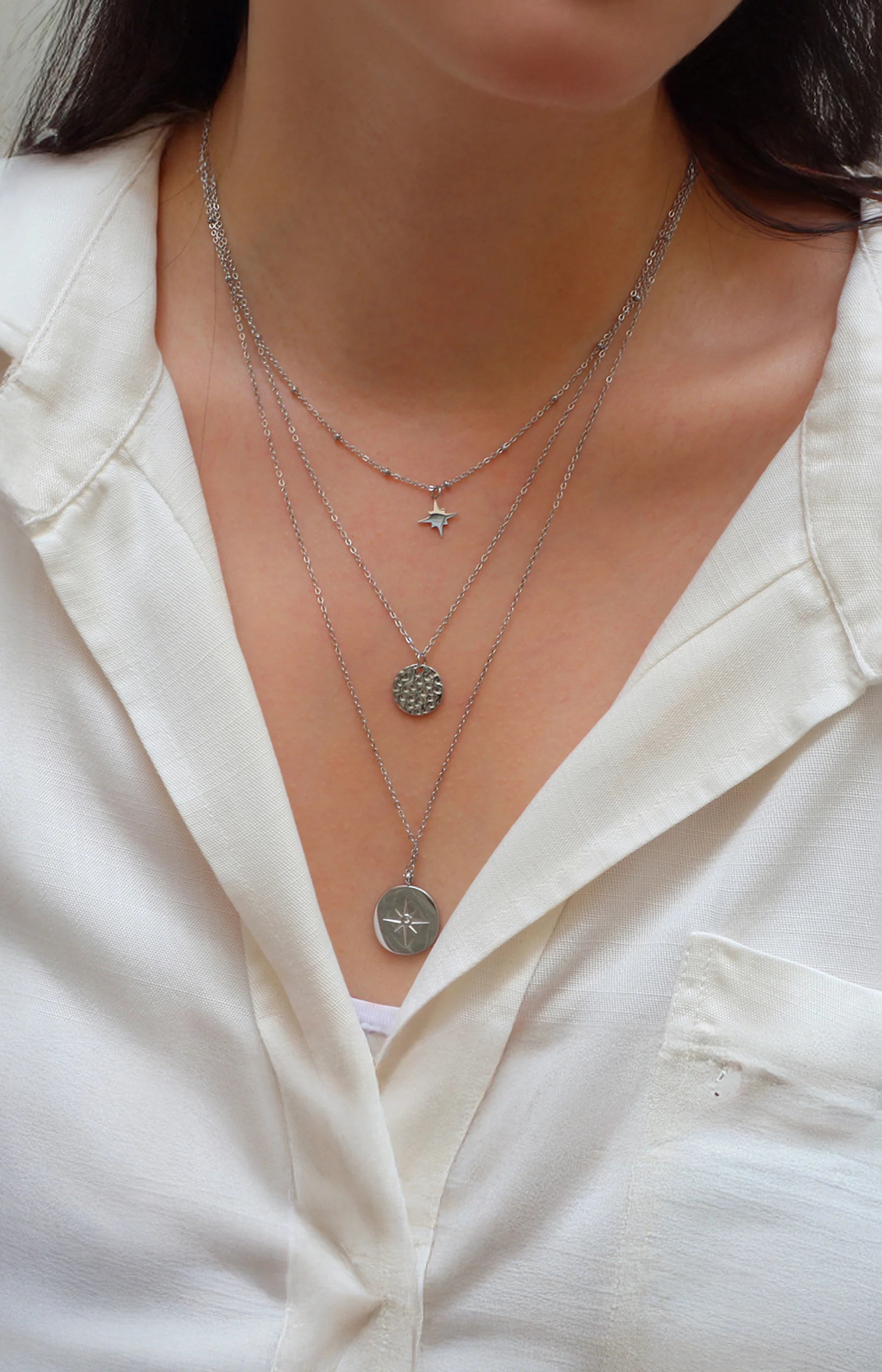 Collier 3 rangs - Acier inoxydable & strass - Argenté & blanc - Image 3
