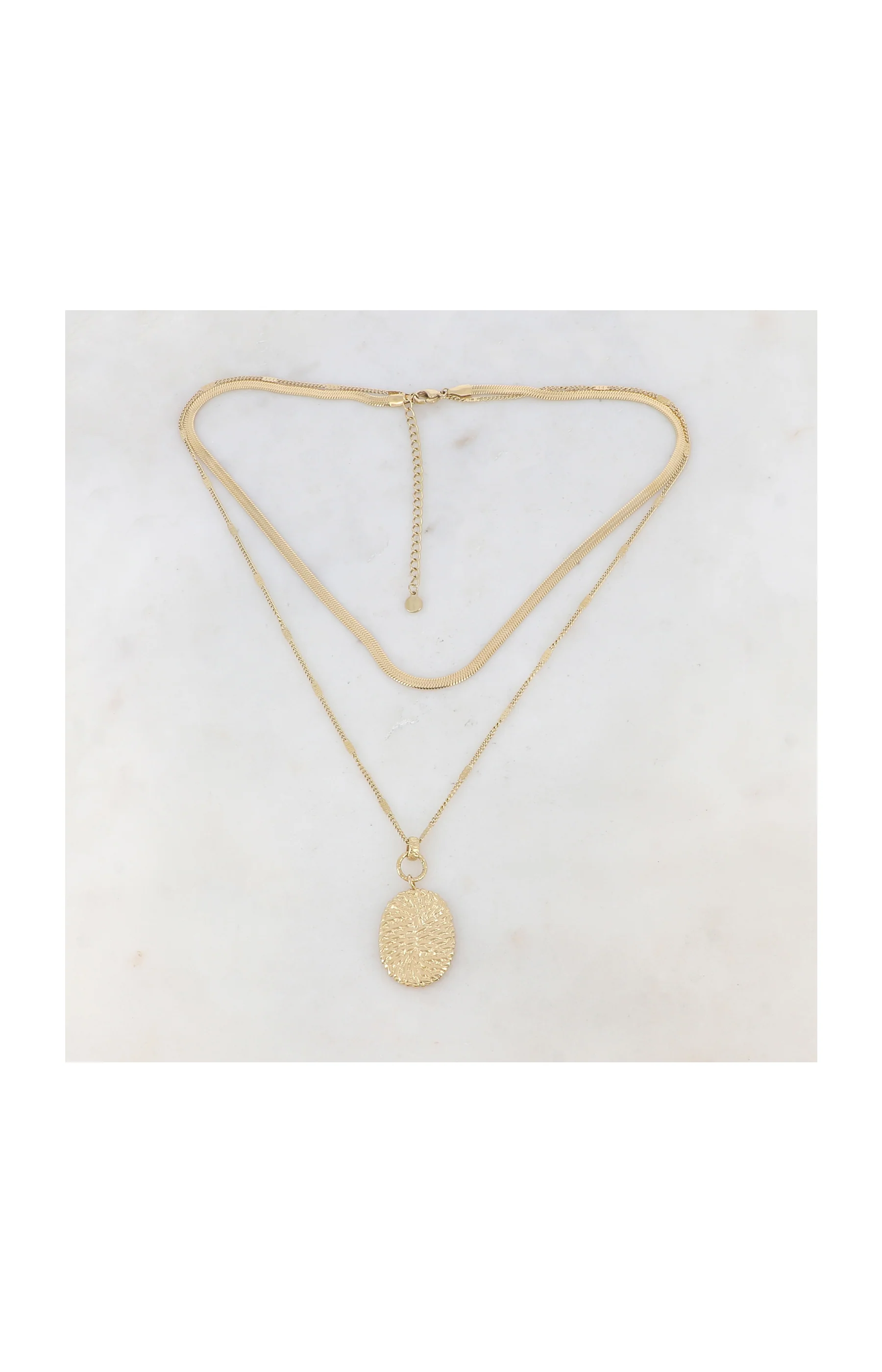 Collier double rangs avec pendentif - Acier inoxydable - Doré