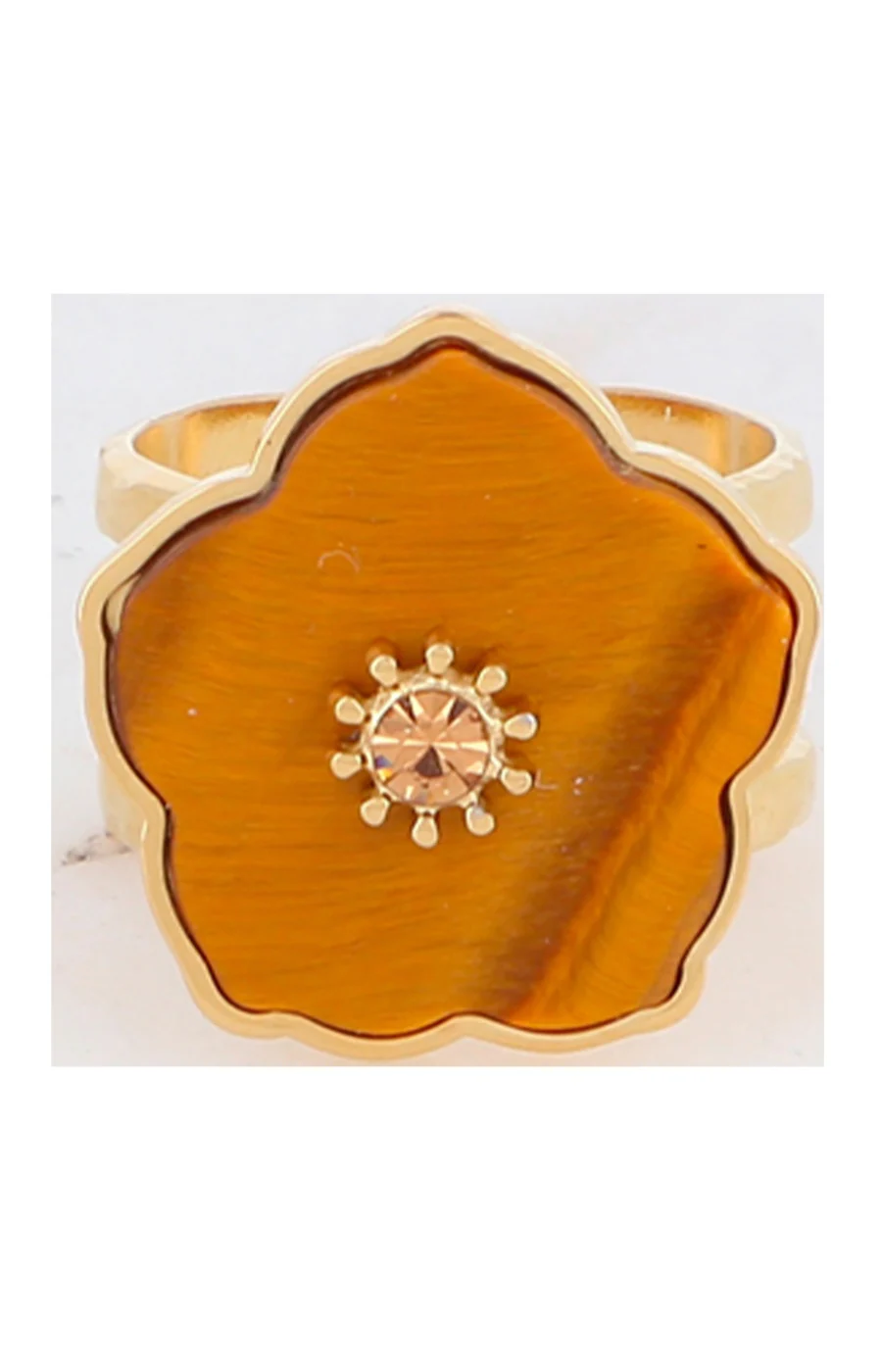 Bague fleur - Acier inoxydable doré, cornaline, strass marron