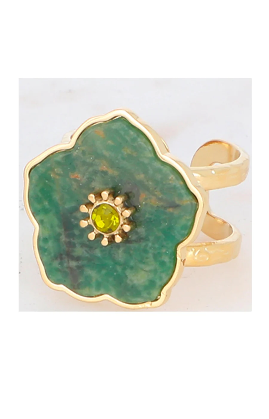 Bague fleurs - Acier inoxydable doré, cornaline & strass - Image 2