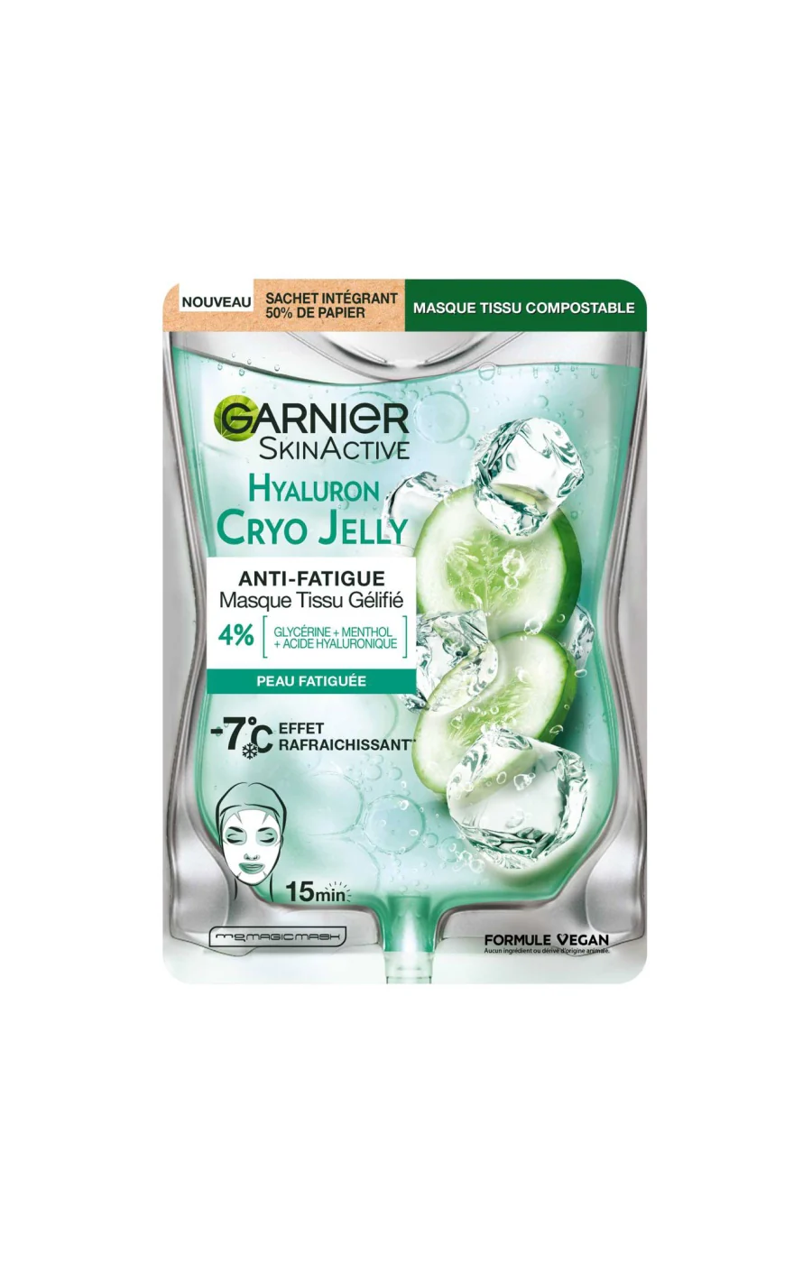 Masque en tissu anti-fatigue - CryoJelly - Glycérine & acide hyaluronique - Visage - 3 unités
