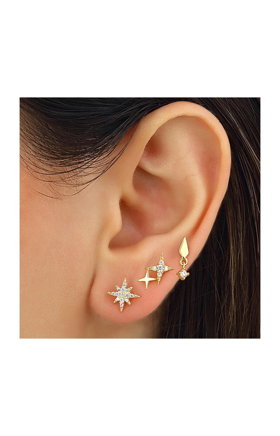 Set de 3 boucles d'oreilles - Argent 925/000 plaqué or jaune & zircons