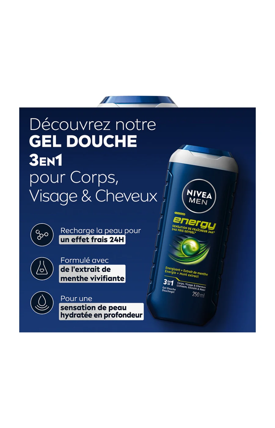 Gels douche 3-en-1 à la menthe - Visage, corps & cheveux - Homme - 3 x 250 ml - Image 4