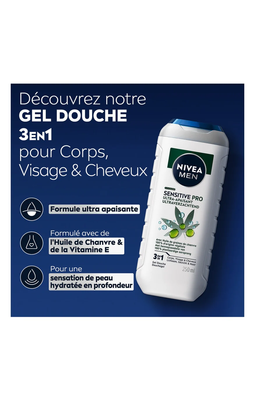 Gels douche 3-en-1 - Sensitive Pro - Graines de chanvre - Corps, visage & cheveux - Homme - 3 x 250 ml - Image 4