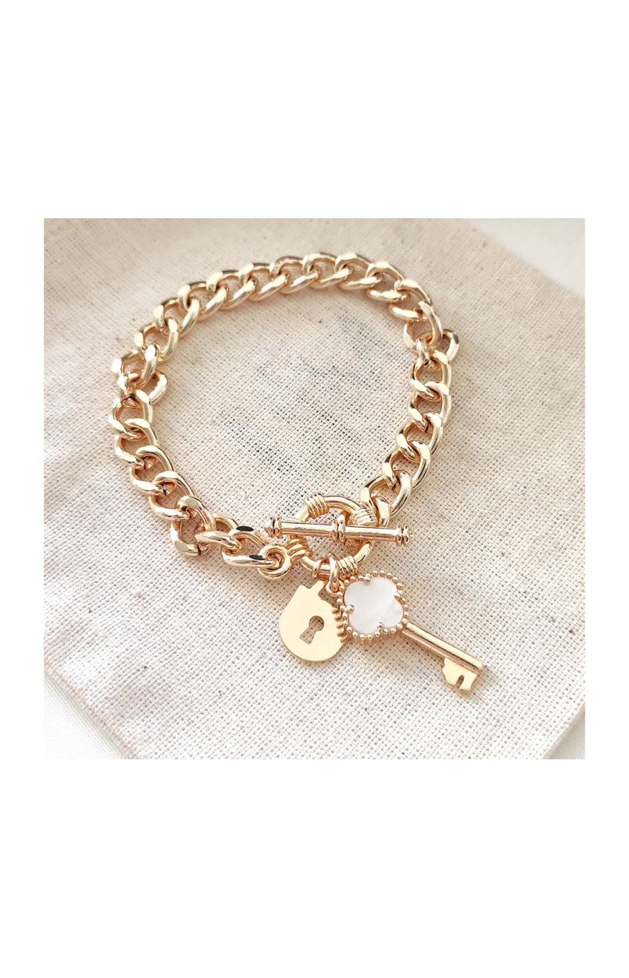 Bracelet cadenas & trèfle - Laiton plaqué or & nacre blanche - Image 2