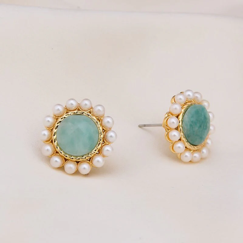 Boucles d'oreilles - Laiton plaqué or, amazonite & perle - Image 2