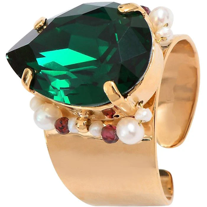 Bague Joyce - Métal doré à l’or jaune, perles & cristaux verts
