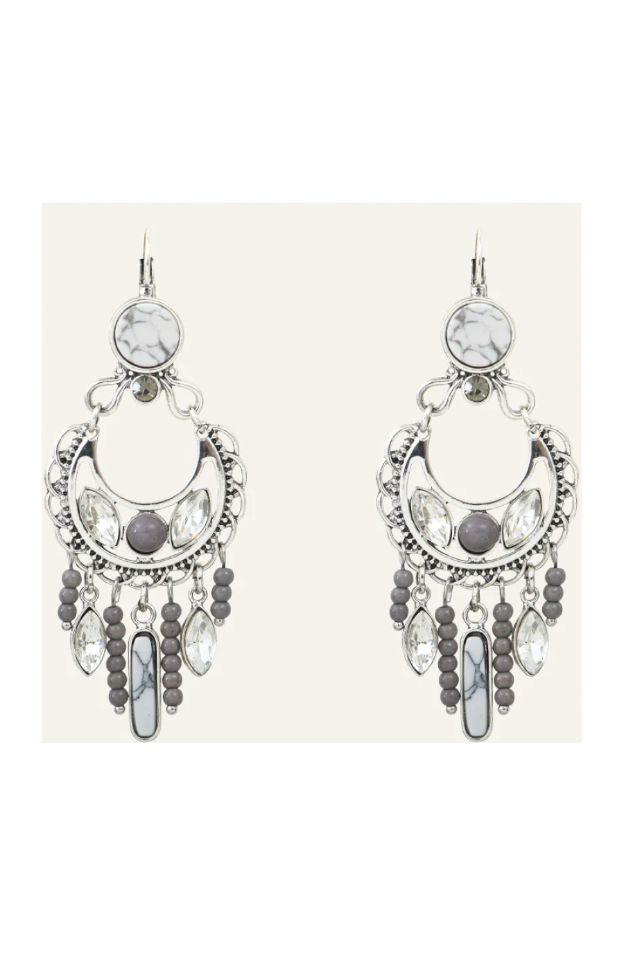 Boucles d'oreilles Indian Song - Métal argenté, cristaux et perles - Image 2