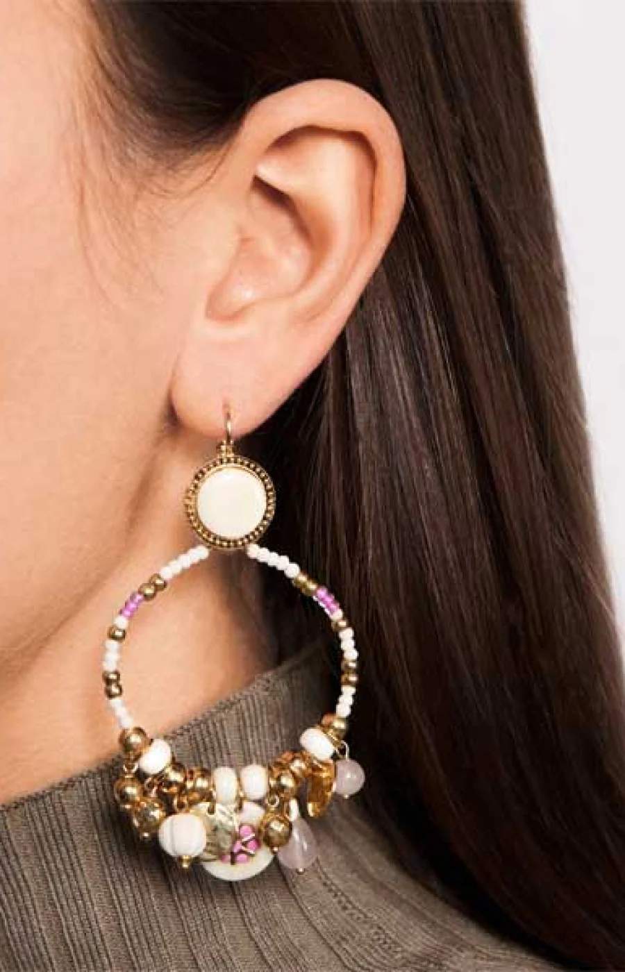 Boucles d'oreilles Lucky Charms - Métal doré, perles de rocaille & quartz rose - Image 3